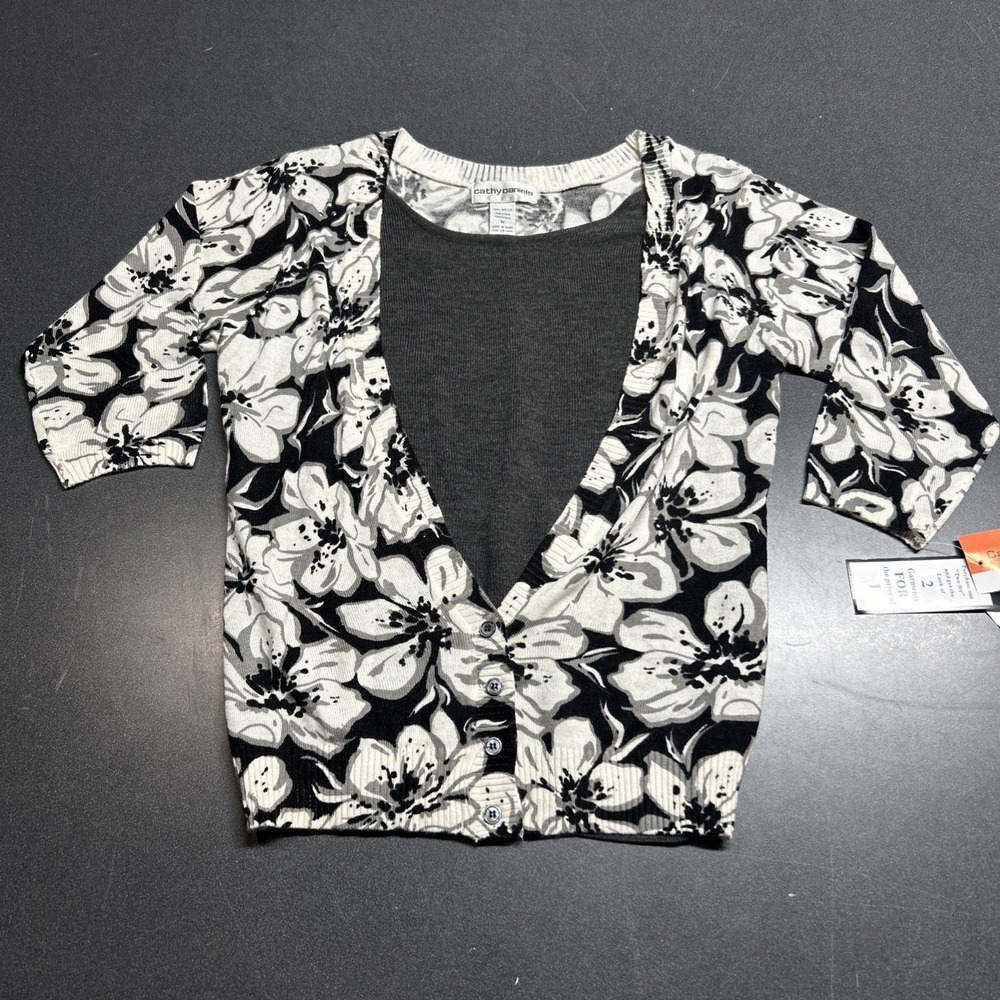 Cathy Daniels Cardigan Sweater M 3/4 Sleeve Black With White Floral Print Y2K